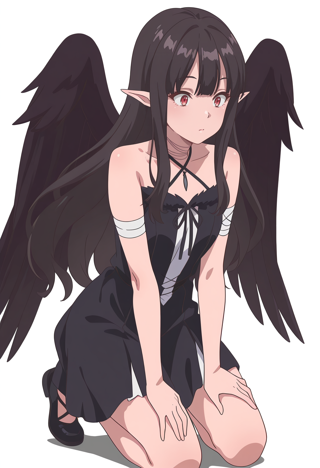 Smooth Quality,masterpiece,very intricate, high quality details, ultra realistic, high detailed skin,detailed enviorement,absurdres,
simple background, white background,
dynamic angle,surprised,kneeling, hands on thighs, head slightly tilted, neutral expression, focused gaze,  ,
 <lora:Reese_evecnn:0.8>evecnn,1girl, long hair, black hair, red eyes, pointy ears, bangs, black dress, sleeveless dress, halterneck, criss-cross halter, choker, shoes, black footwear, black wings, feathered wings, bandages,