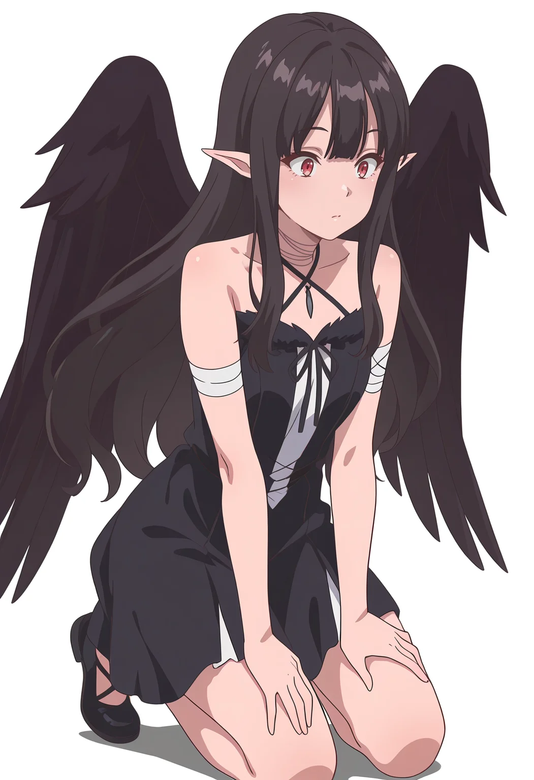 Smooth Quality,masterpiece,very intricate, high quality details, ultra realistic, high detailed skin,detailed enviorement,absurdres,
simple background, white background,
dynamic angle,surprised,kneeling, hands on thighs, head slightly tilted, neutral expression, focused gaze, ,
<lora:Reese_evecnn:0.8>evecnn,1girl, long hair, black hair, red eyes, pointy ears, bangs, black dress, sleeveless dress, halterneck, criss-cross halter, choker, shoes, black footwear, black wings, feathered wings, bandages,