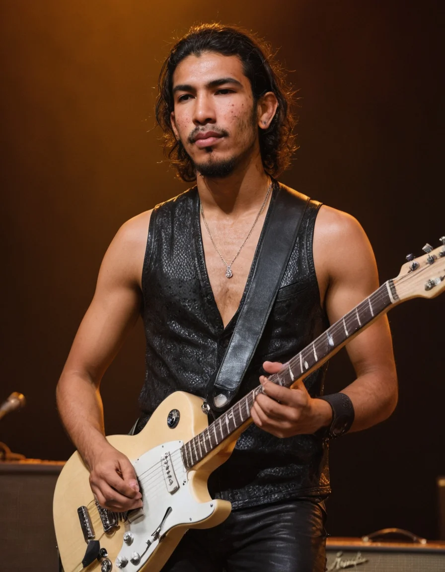 Sport photograph of a latino male rockstar with a electric guitar, with acne on his face, sold out concert, portrait,, <lora:275FAB00CB:0.5> Detailed natural skin and blemishes without-make-up and acne