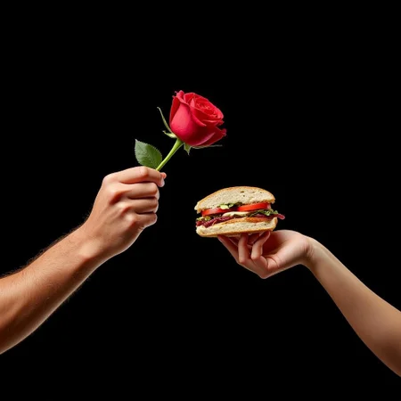 One fairskinned muscular man's hand gently holds a rose out toward one fairskinned delicate lady's hand gently holding a sammich. Softly lit against a black velvet background. A caption underneath reads "Love is... Remembering To Love"