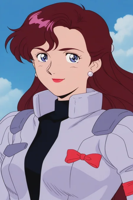 masterpiece, best quality, source_anime,official art,perfect_anatomy,1990s_\(style\),retro_artstyle, junko jenko,1girl,earrings,lipstick,blue eyes,brown hair,pilot suit,(beautiful detailed face,looking_at_viewer,smile),upper body,day,blue_sky,cloud