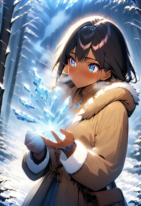 gorgeous lips, cinematic, (masterpiece), (best quality), (ultra-detailed), very aesthetic, illustration, perfect composition, intricate details, absurdres, detailed face, (anime, masterpiece, intricate:1.3), (best quality, hires textures, high detail:1.2)
1girl, brown skin, tan skin, very long black hair, perfecteyes, bright blue eyes, wearing a brown Himalayan style fur lined parka,fur lined mittens, black boots, upper body shot, from the side, dark night time, snow, blizzard weather, closeup, glowing blue eyes, breath fog, magic breath, icy forest background, Close-up on face, icy wind, snow and ice on clothes, cold lighting, blue lighting. Emphasis on cold, magic theme, invoking, dolly shot, high angle,from the front, casting a spell, FlshfrGR, casting ice magic forward, from the side