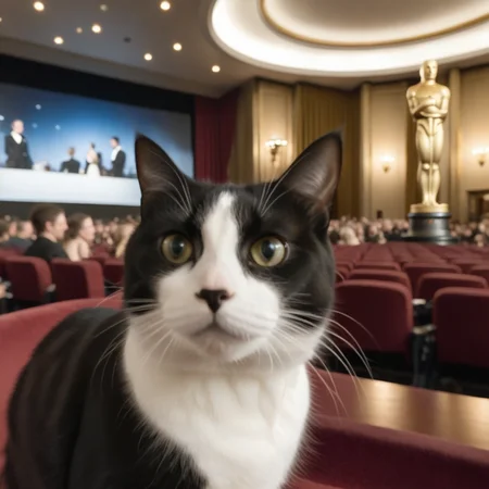 cinematic film still cat blurry foreground, academy awards in background,<lora:PhotoBomb-8:0.8> . shallow depth of field, vignette, highly detailed, high budget, bokeh, cinemascope, moody, epic, gorgeous, film grain, grainy