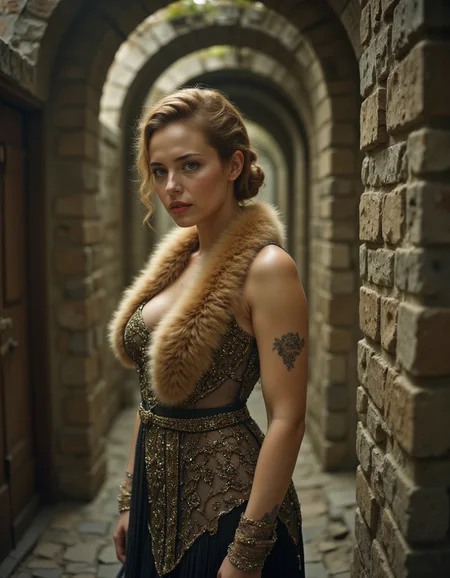 Pretty eyes,beautiful sexy woman with freckles,big breast,Chignon,Chestnut,dressed in a beaded flapper dress with a fringe hem and a feather boa,in a labyrinthine dungeon,(highly detailed masterpiece Realistic extremely hyper aesthetic trending on artstation),Sony A7,Sun Rays,<lora:Pro-skin_epoch_10:1>