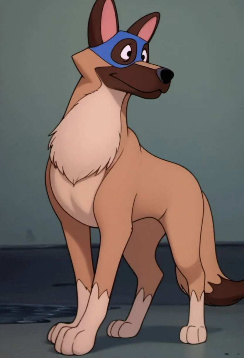 score_9, score_8_up, score_7_up, score_6_up, score_5_up, score_4_up, solo, W0nd3rD0g, Flash, Disney, Feral Dog, cartoon, German Shepherd, erect ears, pink inner ear, long snout, black nose, black eyes, tan fur, beige chest, beige paws, brown snout, brown ears, brown tail tip, fluffy tail, fluffy chest, fluffy cheeks, thick neck