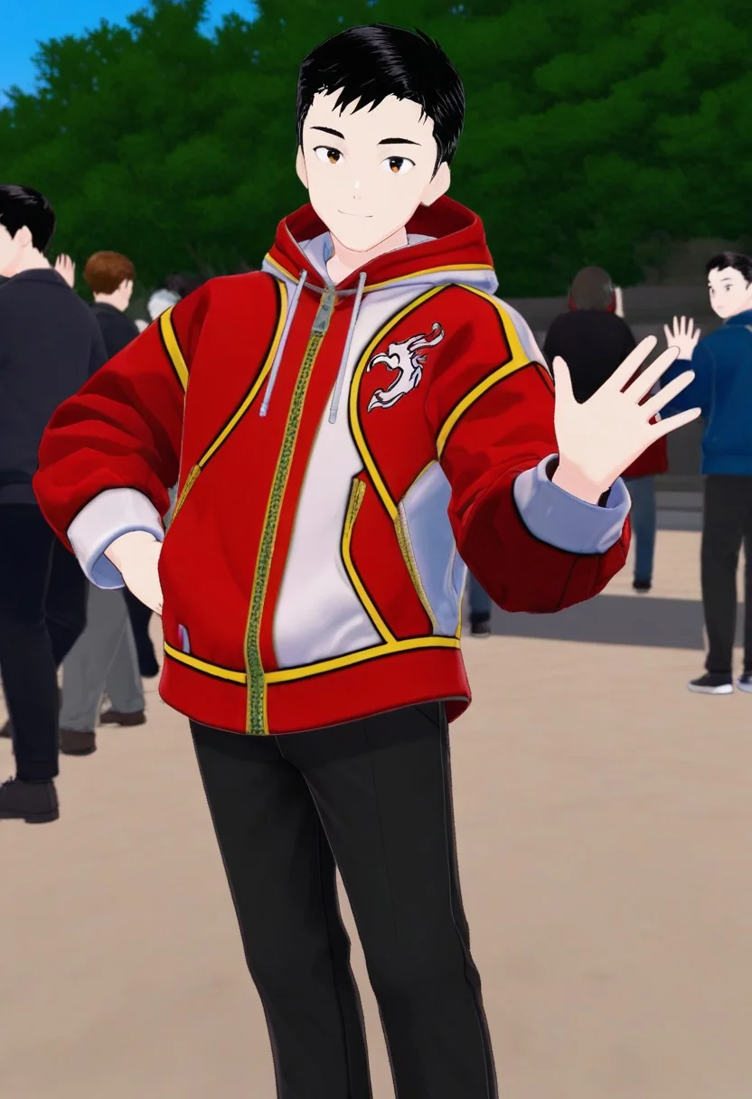 harmard, black hair, short hair, brown eyes, 1boy, solo, solo focus, red_white_jacket, black pants, young man, youthful, outdoor setting, right hand waving gesture, left hand leans on hip, young, youthful