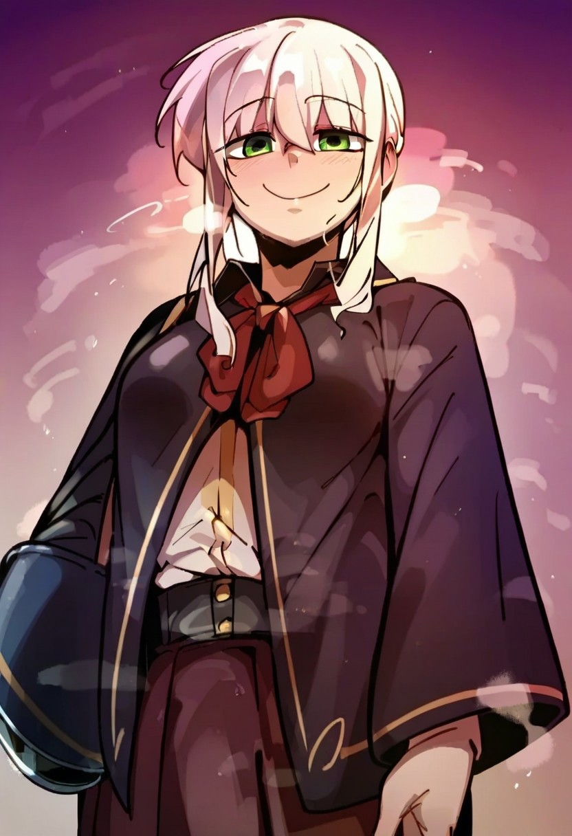 score_9, score_8_up, score_7_up, score_6_up, source_anime, rating_explicit, 1girl, solo, medium breasts, cleavage, smile, Narrow shoulders, heavy breathing, steaming body, looking at viewer, standing, curvy, EvangelineCross, green eyes, white hair, long hair, school uniform, doppel style, negative_hand