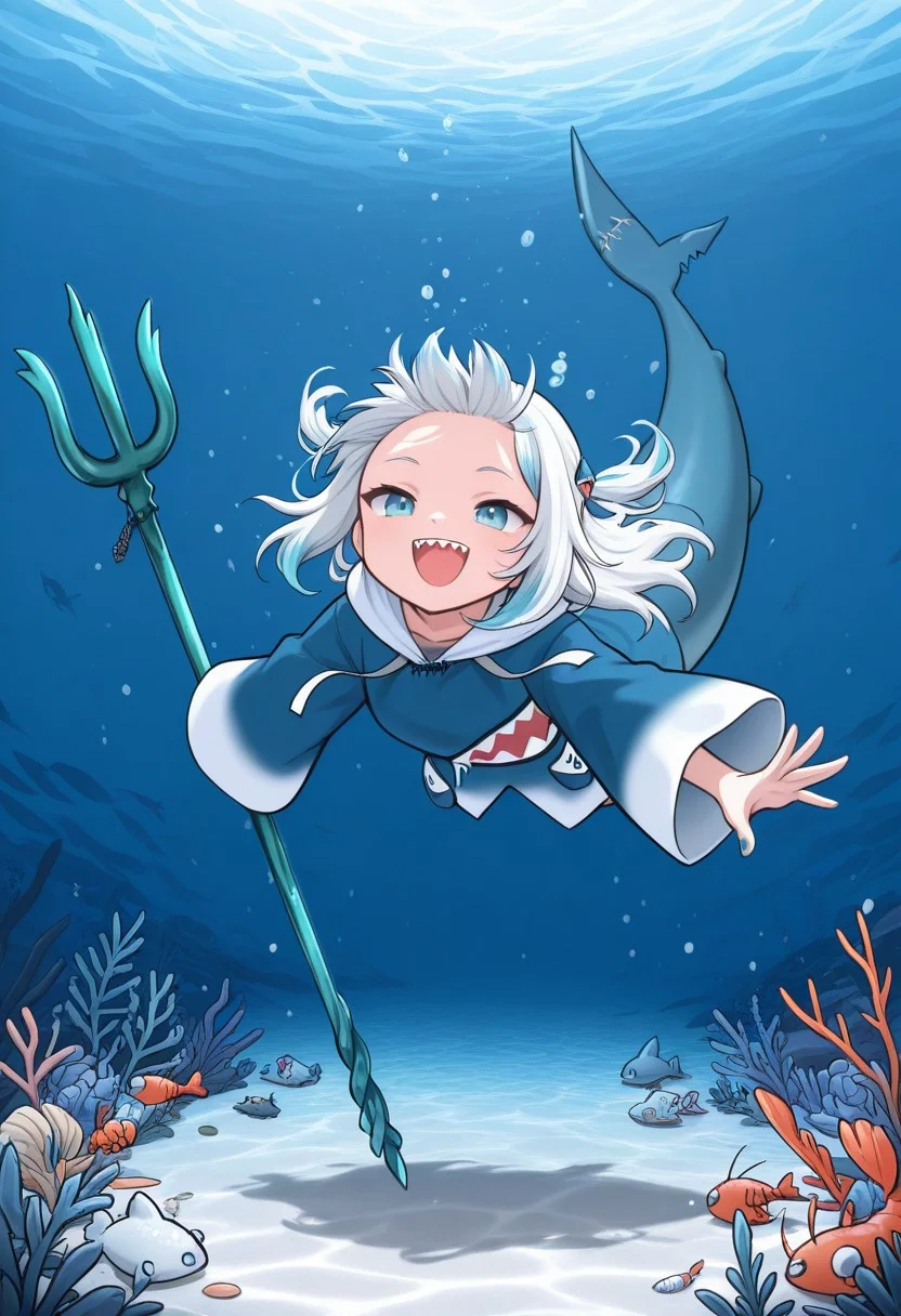 SmoothNegative_Hands, masterpiece,
blue hoodie, shark print, shark hair ornament, two side up, wide sleeves, drawstring, grey hair, streaked hair, blue eyes, shark tail, blue nails, shark smile, shark teeths, raar, thanks, ocean, under water, underwater, water, trident, funny face, flow, flowing, shrimp, seashells, underwater world, flora, fauna, HoldingTrident, holding trident, details,