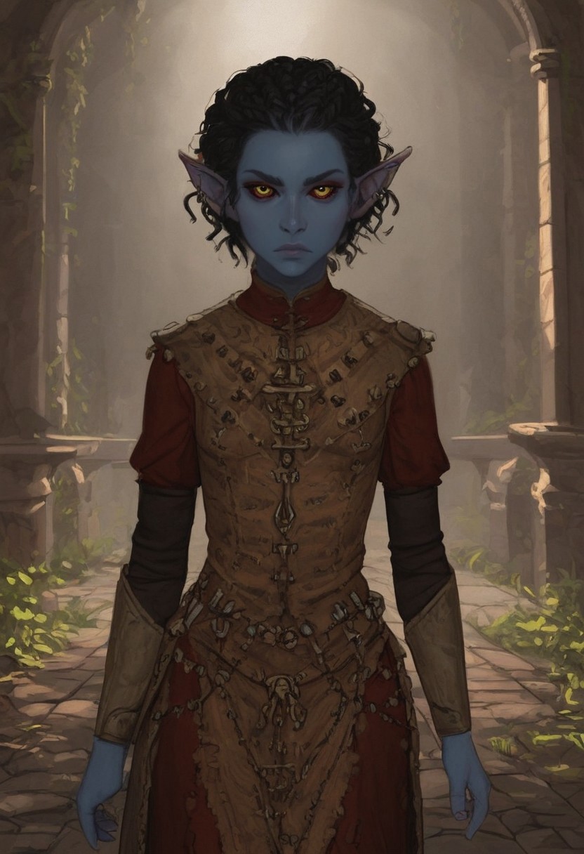 safe_pos, solo, short pointy ears, piercings, random elf face, aquiline features, androgenous dark elf, weathered skin, large nose, athletic build,  animated realism, zoomed out, Syrian features, torso, brass pipes and gears, intricate architecture, dwarven masonry, dwemer fixtures, white-green light, gloomy lighting, ancient ruins, interior, stone tiled floor, grey-blue skin, mahogany and ivory clothes, medium armor, bone plate armor, ivory straps and fittings, alien bone ornaments, grey wood neckguard, dark red sclera, black pupils, distant mushroom forest, blue-green light, neon, highly detailed, defined features, looking at viewer, three quarters view, from front, dynamic lighting, 18 years old, light and shadows, patterned cloth, annoyed expression, expressive eyes, detailed medieval clothes, small_breasts, short hair, wavy hair, thick hair, beaded hair, braided hair, under cut hair, semirealistic, alien elf, spanish features, jewish features, black hair, dark red hair, umber skin, sharp features, pastel green berber print cloak, nighttime, high detail, absurdres, pretty eyes, detailed eyes, yellow eyes,