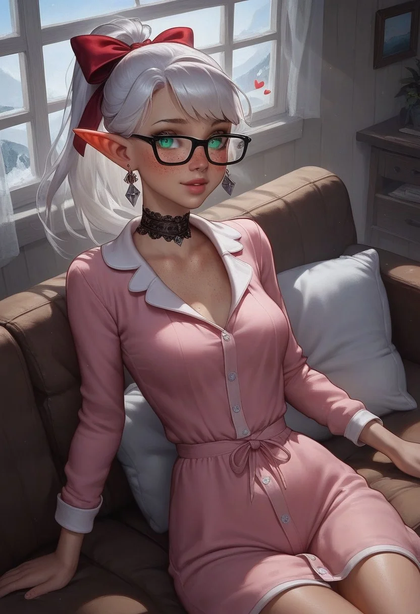 score_9, score_8_up, score_7_up, score_6_up, score_5_up, score_4_up, (hyperdetailed photography:1.5),( soft lighting:1.5), (bright lighting:1.5), (flat lighting), perfect face, 1girl,(floating hearts:2), (cowboy shot), (detailed background), detailed face, high angle pov, BREAK, 
(2girls), (multiple girls:1.5), sisters, (glowing green eyes:1.5), bright eyes, (platinum hair:1.6), (high wavy ponytail:2), (hair ribbon:2), (asymmetrical bangs), (feathered bangs:1.7), wavy hair, (freckles:2.2),( elf ears:1.5),( elf girl:1.5), (french girl), (steamy breath:2), (blushing:1.4), (very pale skin), (happy:1.5), (yandere), (loving expression), (hourglass figure), (wide hips), small waist, slender, petite, BREAK, (lace choker:1.5), (rectangular glasses:1.6),(diamond earrings:1.5), (pajamas:1.5), (pajama dress:1.5), lip gloss, BREAK, 
(laying down on couch:1.5), laying down, reading book, 
Indoors, living room, (log cabin), window, snowy landscape in window, beautiful curtains, cherry blossoms, , daytime, (beautiful sky:1.5), (colorful sky:1.5), (sunny day:1.5), (modern cabin:1.5),
