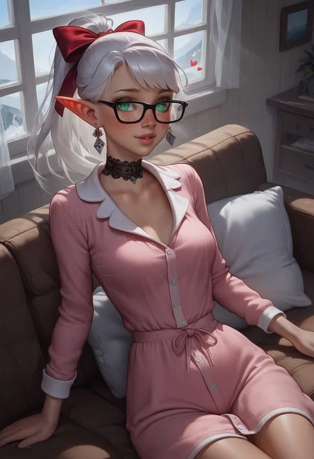 score_9, score_8_up, score_7_up, score_6_up, score_5_up, score_4_up, (hyperdetailed photography:1.5),( soft lighting:1.5), (bright lighting:1.5), (flat lighting), perfect face, 1girl,(floating hearts:2), (cowboy shot), (detailed background), detailed face, high angle pov, BREAK,
(2girls), (multiple girls:1.5), sisters, (glowing green eyes:1.5), bright eyes, (platinum hair:1.6), (high wavy ponytail:2), (hair ribbon:2), (asymmetrical bangs), (feathered bangs:1.7), wavy hair, (freckles:2.2),( elf ears:1.5),( elf girl:1.5), (french girl), (steamy breath:2), (blushing:1.4), (very pale skin), (happy:1.5), (yandere), (loving expression), (hourglass figure), (wide hips), small waist, slender, petite, BREAK, (lace choker:1.5), (rectangular glasses:1.6),(diamond earrings:1.5), (pajamas:1.5), (pajama dress:1.5), lip gloss, BREAK,
(laying down on couch:1.5), laying down, reading book,
Indoors, living room, (log cabin), window, snowy landscape in window, beautiful curtains, cherry blossoms, , daytime, (beautiful sky:1.5), (colorful sky:1.5), (sunny day:1.5), (modern cabin:1.5),