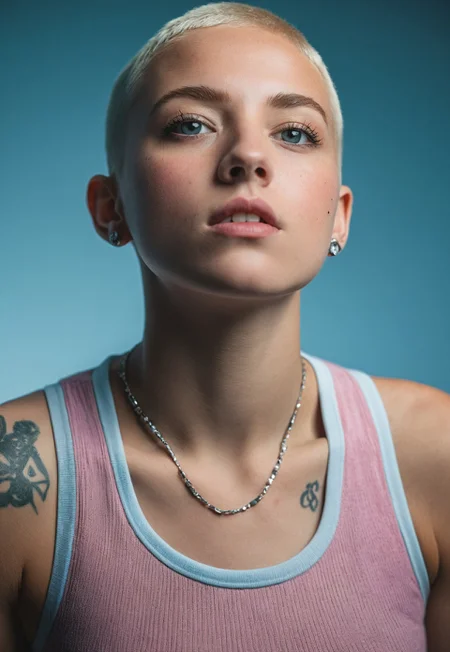 Close up of a 22 years old badass looking girl’ face, blond buzz cut, Wearing Diamond braces, wearing Pink tank top, Tattoos, Looking Up, Blue background, studio photography, Studio lighting, jack bridgland Photography style, High-contrast’ Dramatic lighting, Cool and warm color contrast, Stark highlights and shadows, Moody and intense, Cinematic feel, Focused light source, Bold color palette, Nikon f3, Nikon AF-S 24-85mm F/3.5-4.5 G SWM ED IF Aspherical Lens, F/2.8, Cinematic