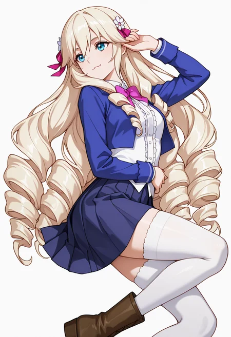 Smooth Quality,masterpiece,very intricate, high quality details, ultra realistic, high detailed skin,detailed enviorement,absurdres,
 <lora:Ariane_Algren_CNR:0.8> ariane_cnr, very long hair, drill hair,blonde hair, blue eyes, hair between eyes, sidelocks,hair bow,hair ribbon,hair flower,white thighhighs,pleated skirt,blue jacket, cropped jacket,white shirt, collared shirt,long sleeves, zettai ryouiki, school uniform, boots, frills,pink bowtie,, simple background, white background, from side,
lying supine, one knee up, arm draped over forehead, other hand on stomach  ,, :3,