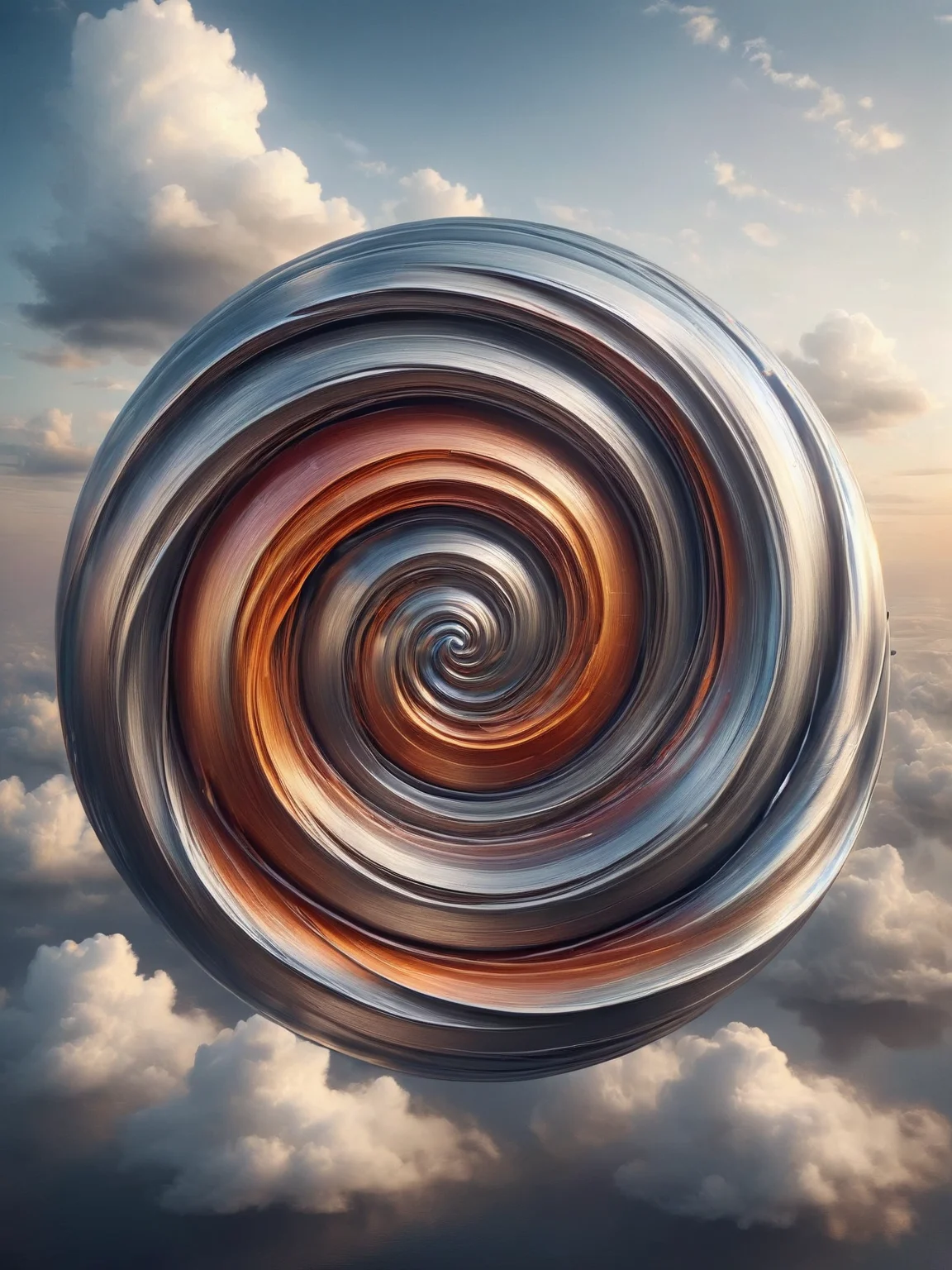 A swirling vortex of clouds, their wispy forms crafted from swirling ribbons of ais-steelz, reflecting the colors of a vibrant sunset <lora:Brushed_Steel_Style_SDXL:1>