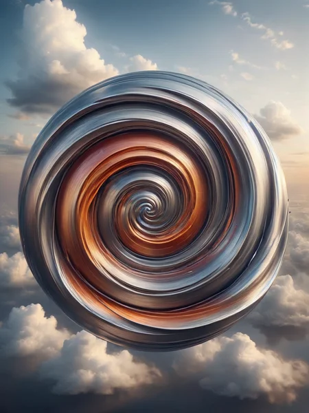 A swirling vortex of clouds, their wispy forms crafted from swirling ribbons of ais-steelz, reflecting the colors of a vibrant sunset <lora:Brushed_Steel_Style_SDXL:1>
