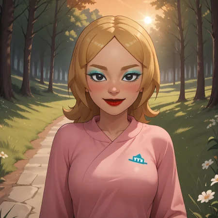 score_9, score_8, BREAK, solo, wii, mii, wii sports, 1girl, female mii, cute, attractive, blonde hair, dark blonde eyebrows, makeup, blush, blue eyeshadow, red lips, lipstick, pink clothing, white pants, shoes, breasts, nintendo mii, modern_mii, classic_mii, Maki_(OC_Mii), black eyes, sexy pose, self portrait, smile, outdoors, sunlight, shadows, evening lighting, natural lighting, forest, trees, grass, orange sky, sunset