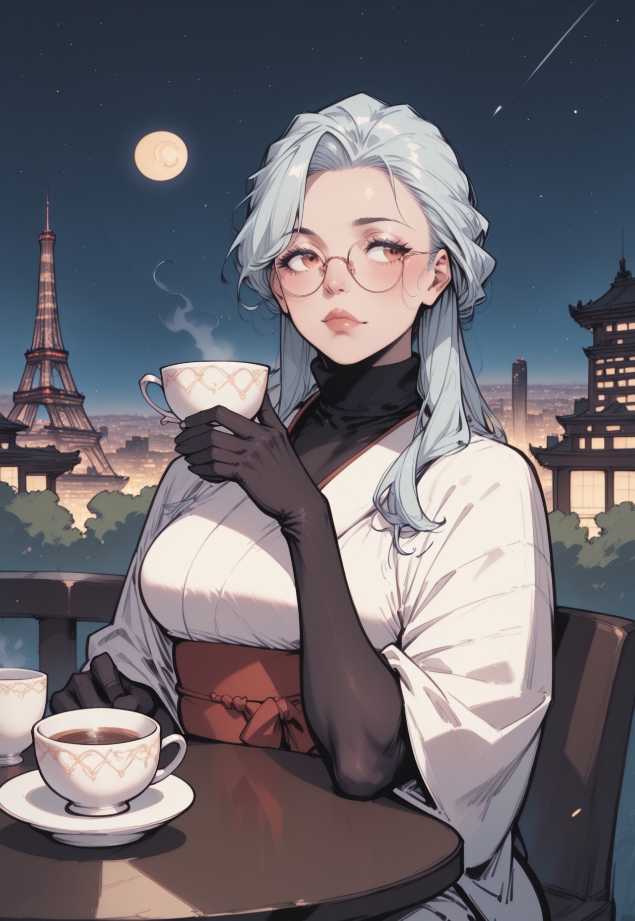 commix style, zPDXL3, PnyCmicXLPOS, score_9, score_8_up, score_7_up, masterpiece, best quality, absurdres, vibrant, highly detailed, very aesthetic, from side, cowboy shot, mature, stunning, 1girl, solo, saihoutakenoue, white kimono, black turtleneck, black gloves, elbow gloves, red obi, glasses, sitting, plucked lips, steaming tea cup, holding tea cup, one hand on cup, one arm on table, cafe terrace, table, outdoors, night, Paris, Eiffel Tower, Champ-de-Mars, city lights, starry sky, (crescent moon:1.4)