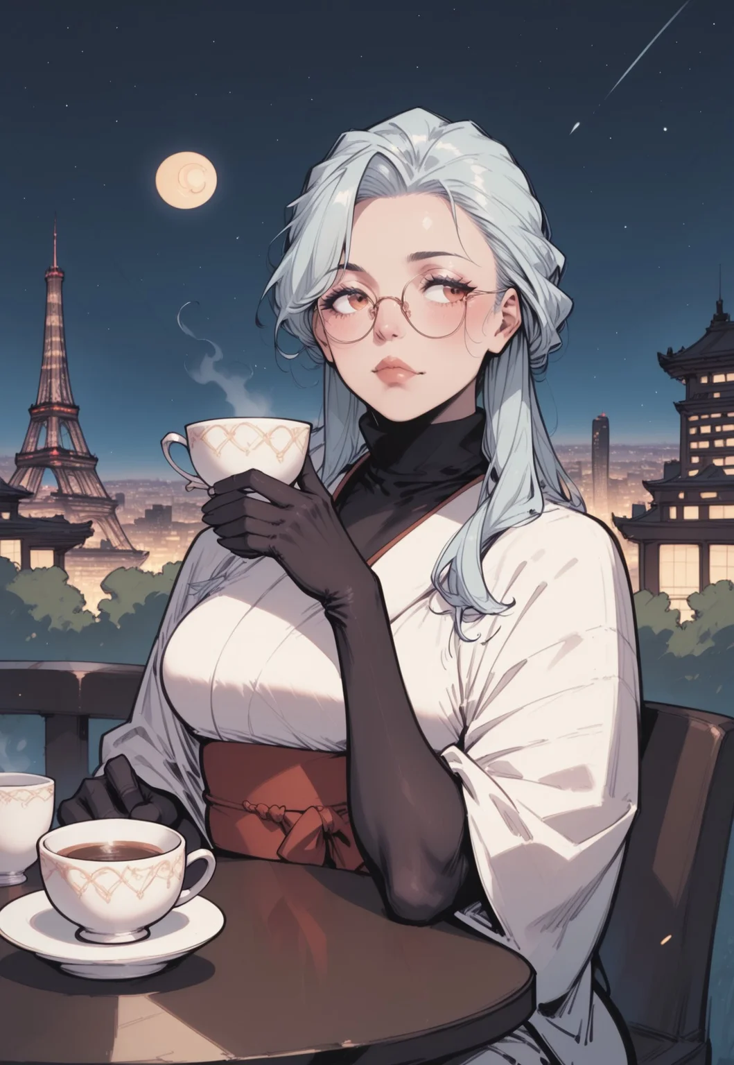 commix style, zPDXL3, PnyCmicXLPOS, score_9, score_8_up, score_7_up, masterpiece, best quality, absurdres, vibrant, highly detailed, very aesthetic, from side, cowboy shot, mature, stunning, 1girl, solo, saihoutakenoue, white kimono, black turtleneck, black gloves, elbow gloves, red obi, glasses, sitting, plucked lips, steaming tea cup, holding tea cup, one hand on cup, one arm on table, cafe terrace, table, outdoors, night, Paris, Eiffel Tower, Champ-de-Mars, city lights, starry sky, (crescent moon:1.4)