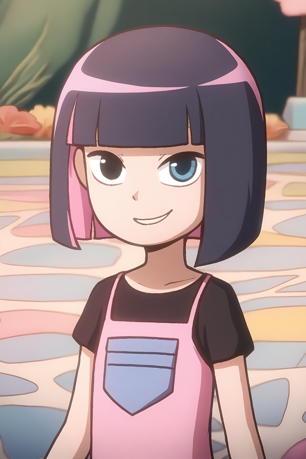<lora:kele:1>,kele,1girl,solo,black eyes,blue eyes,short hair,two-tone hair,black hair,pink hair,colored inner hair,bob cut,blunt bangs,shirt,t-shirt,black shirt,pink shirt,short sleeves,smile,looking at viewer,, masterpiece,best quality,amazing quality,absurdres, anime screenshot, lazypos ,