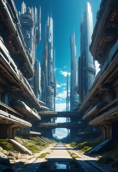 Beautiful architectural ruins of a desolated majestic futuristic technologically advanced cyberpunk scientist civilization in space, split into Nine Sections, each section is done by a different artist, Hyper detailed digital matte painting, beautiful landscape concept art, hyperrealism, 16k resolution, Cinema 4D, 8k resolution, trending on artstation, behance HD, a masterpiece, illustration render cinema octane x-particle HDR DLSR detailed sophisticated 16k Behance HD, Epic 3D Videogame Graphics, Intricately Detailed, refined, defined, follow negative prompts
