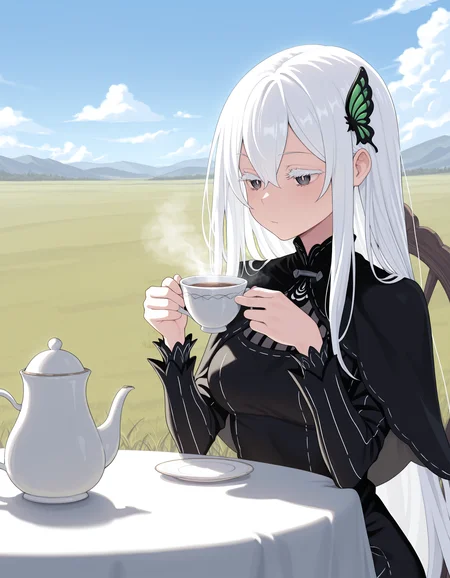 <lora:Echidna_1:1>ech1dna, colored eyelashes, hair between eyes, white hair,
echidn4dress, black dress, vertical-striped dress, capelet, long sleeves, butterfly hair ornament,
sitting, table, holding teacup, steam, teapot,
blue sky, field, clouds, grass,, masterpiece, best quality, amazing quality