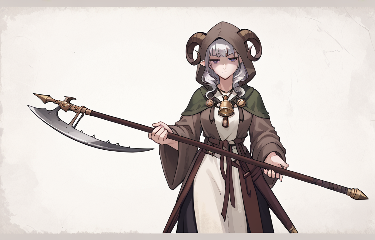 source_furry, score_7_up, rating_safe, cowboy shot, gold necklace, tiefing, short pointed ears,brown horns, (a pair of brown sheep Horns that begin at her temples and curve back: 1.5), bangs,long silver hair long wavy hair, pale skin,<lora:whisker_markings:0.8> whisker_markings:1.4 , pointy ears, purple eyes:1.2, <lora:age_slider_v4:0.6>   medium breasts, skinny female, close up, silver hair, <lora:Tieflingnew weird fantasyDND:0.3> Tiefling, pointed ears, horns,   half-closed eyes:1.5,<lora:Smooth Style 2 SDXL_LoRA_Pony Diffusion V6 XL:0.5>  shepherd's crook, bell, robe, hood off, <lora:Nanoless_Artist_Style_PonyXL:0.3>  shaded face:1.2,  <lora:bardiche_weapon:0.8>  bardiche_(weapon),holding_weapon:1.2,holding bardiche_(weapon) <lora:kite_shield:0.8> kite_shield, holding kite_shield