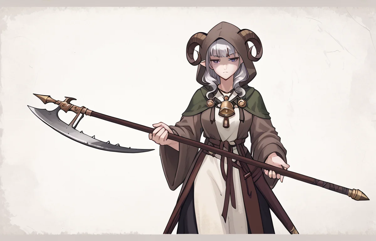 source_furry, score_7_up, rating_safe, cowboy shot, gold necklace, tiefing, short pointed ears,brown horns, (a pair of brown sheep Horns that begin at her temples and curve back: 1.5), bangs,long silver hair long wavy hair, pale skin,<lora:whisker_markings:0.8> whisker_markings:1.4 , pointy ears, purple eyes:1.2, <lora:age_slider_v4:0.6> medium breasts, skinny female, close up, silver hair, <lora:Tieflingnew weird fantasyDND:0.3> Tiefling, pointed ears, horns, half-closed eyes:1.5,<lora:Smooth Style 2 SDXL_LoRA_Pony Diffusion V6 XL:0.5> shepherd's crook, bell, robe, hood off, <lora:Nanoless_Artist_Style_PonyXL:0.3> shaded face:1.2, <lora:bardiche_weapon:0.8> bardiche_(weapon),holding_weapon:1.2,holding bardiche_(weapon) <lora:kite_shield:0.8> kite_shield, holding kite_shield