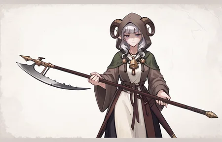 source_furry, score_7_up, rating_safe, cowboy shot, gold necklace, tiefing, short pointed ears,brown horns, (a pair of brown sheep Horns that begin at her temples and curve back: 1.5), bangs,long silver hair long wavy hair, pale skin,<lora:whisker_markings:0.8> whisker_markings:1.4 , pointy ears, purple eyes:1.2, <lora:age_slider_v4:0.6> medium breasts, skinny female, close up, silver hair, <lora:Tieflingnew weird fantasyDND:0.3> Tiefling, pointed ears, horns, half-closed eyes:1.5,<lora:Smooth Style 2 SDXL_LoRA_Pony Diffusion V6 XL:0.5> shepherd's crook, bell, robe, hood off, <lora:Nanoless_Artist_Style_PonyXL:0.3> shaded face:1.2, <lora:bardiche_weapon:0.8> bardiche_(weapon),holding_weapon:1.2,holding bardiche_(weapon) <lora:kite_shield:0.8> kite_shield, holding kite_shield