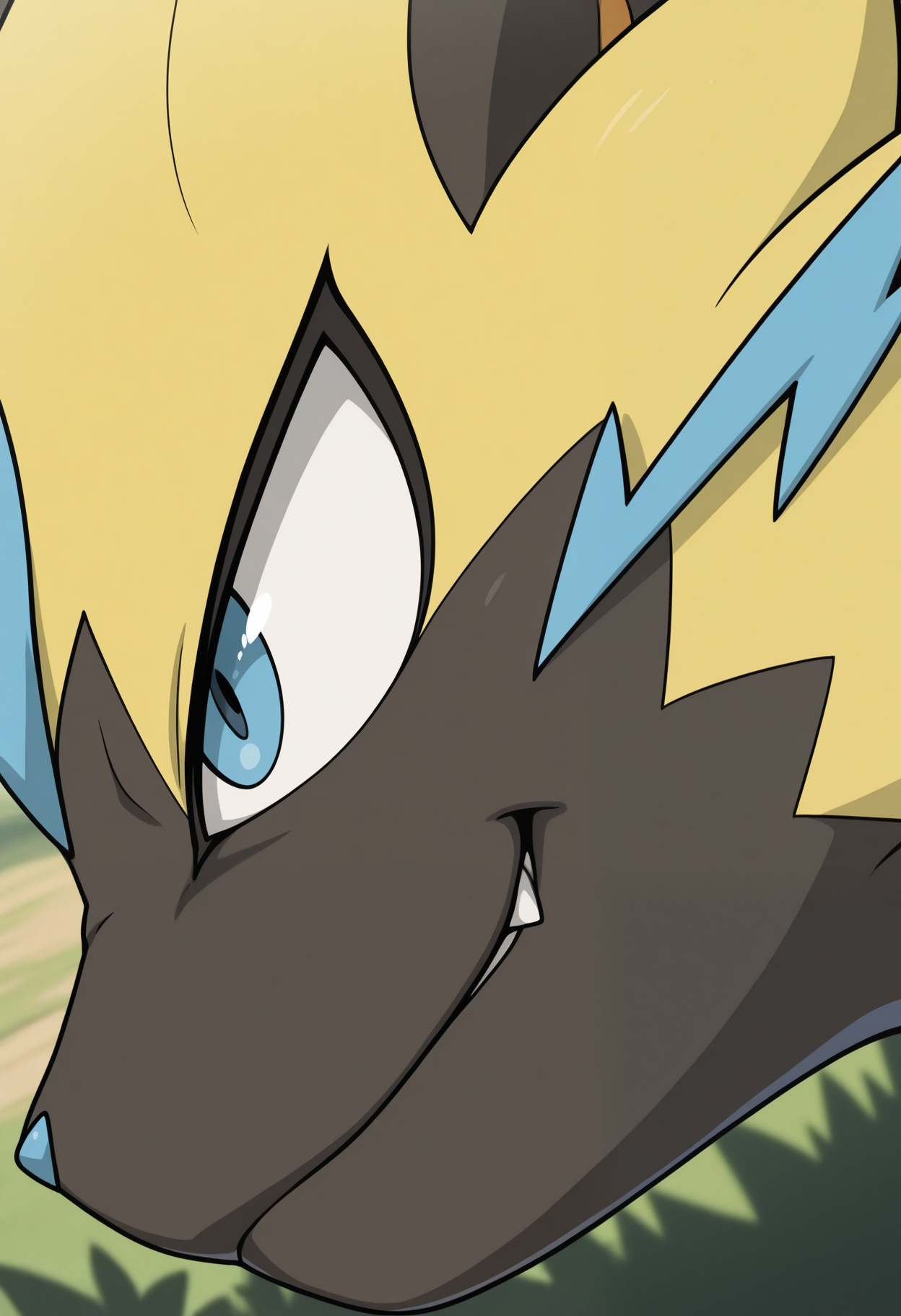 masterpiece,best quality,amazing quality, 1boy, solo, z3r40r4, pokemon (creature), blue eyes, black skin, yellow fur, close up, side angle, smirk,