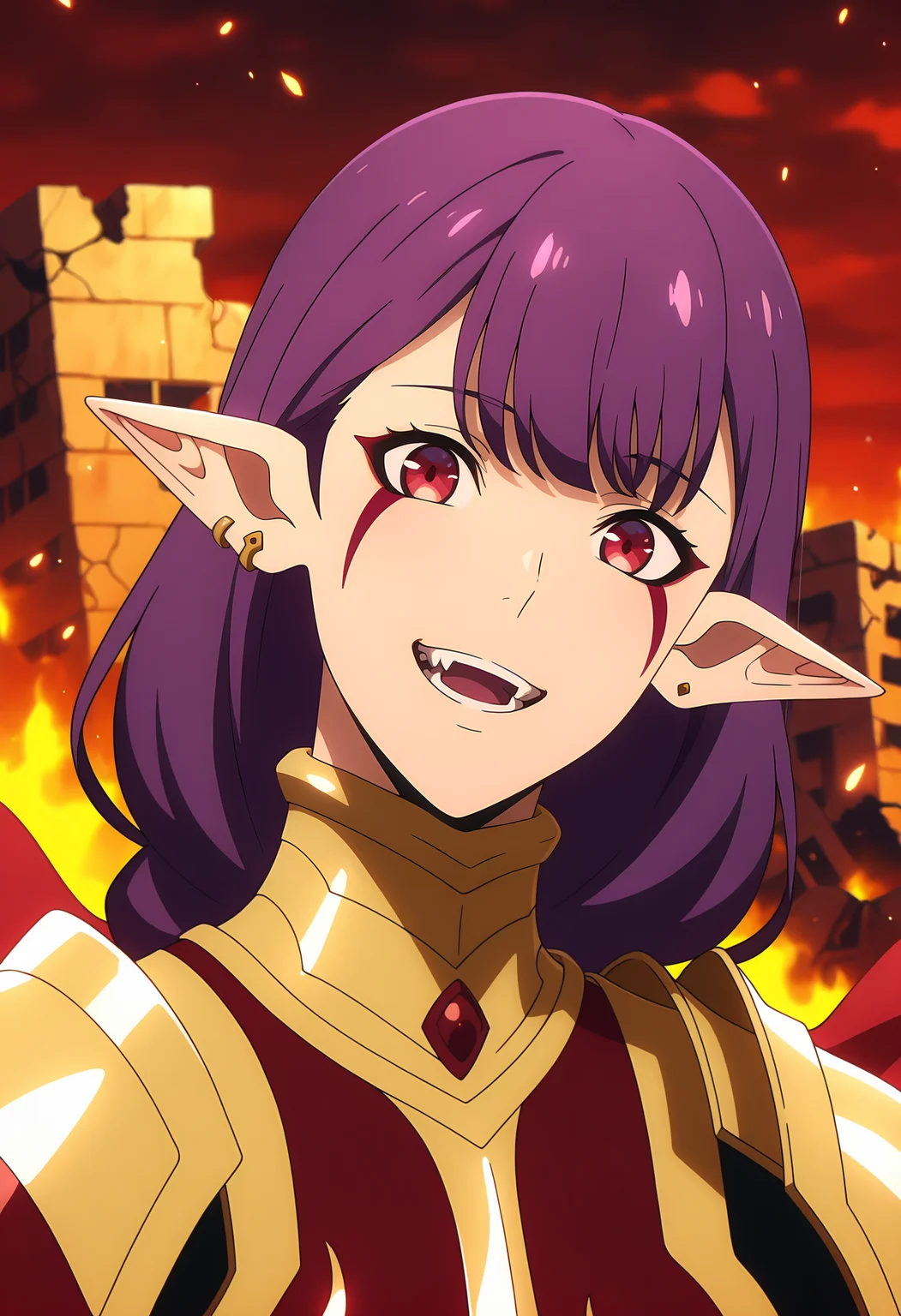 anime screencap, masterpiece, best quality,
<lora:SoloLeveling_EsilRadiru_IlluXL:0.9>,
1girl, solo, open mouth, smile, teeth, fangs, head tilt,
single braid, long hair, purple hair, red eyes, facial mark, pointy ears, earrings,
gold armor, red armor, red cape, pauldrons, breastplate, gauntlets,
portrait, looking at viewer,
red sky, ruins, fire, embers, blurry background
