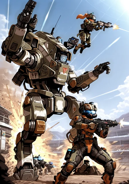 embedding:IllusP0s, pilot_\(titanfall\), titan_\(titanfall\), mecha, assault rifle, shooting pose, firing,<lora:titanfall.safetensors:1.0:1.0>