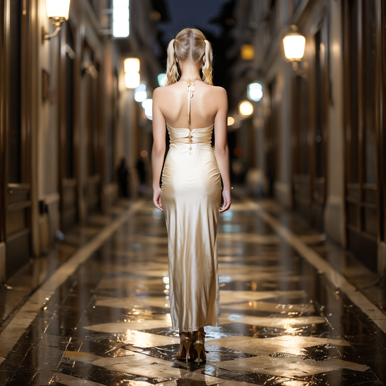 masterpiece,best quality,amazing quality,1girl,solo, full_body,dim_lighting,gloomy light ,blurry_background,
BFdress,
dress,backless outfit,necklace,side slit,clothing cutout,high heels,strappy heels, sandals,gold footwear,
twintails, long_hair, gold hair, standing on road,from_behind, face away,