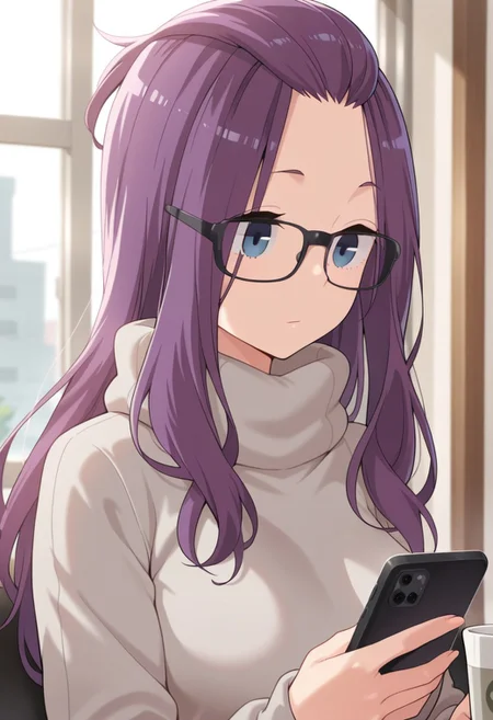 masterpiece,best quality,amazing quality, kagamihara sakura, purple hair, long hair, glasses, black-framed eyewear, blue eyes, 1girl, phone, solo, cellphone, bangs pinned back, sweater, holding, smartphone, holding phone, cup, closed mouth, turtleneck sweater, turtleneck