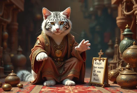 breathtaking photography, masterpiece of art, highest quality, 32k, intricate details, realistic fur texture, imagine a bustling mediaval market with an arab atmosphere where a delicate and refined cat male human furry anthro hybrid with a snow tiger fur pattern in expensive gold-rimmed and finely patterned tunic clothing and jewelry is sitting on a masterwork patterned arabian carpet between piles and piles of fine antique artifacts and wonders that he is selling, gesturing at the viewer. There is a sign propped up in the foreground that has "Khajit has wares if you have Buzz" written on it.