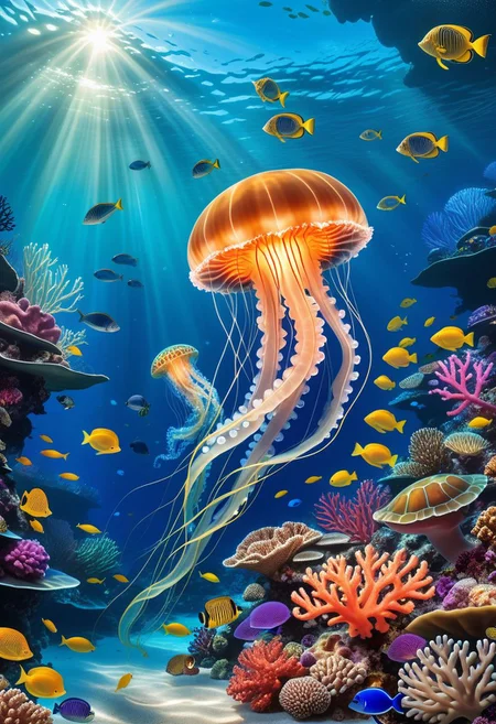 An enchanting underwater scene featuring a vibrant coral reef teeming with colorful marine life. A bioluminescent jellyfish floats gracefully, illuminating the area with its soft glow. Schools of fish swim in synchronized patterns, while a large, majestic sea turtle glides through the depths. The background reveals a sunbeam piercing through the water's surface, casting a golden hue and a sense of serenity over the entire scene.