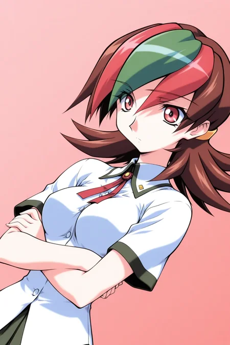 <lora:betterman_hinoki_ilxl:0.9>masterpiece, best quality, betterman_hinoki_ilxl, 1girl, solo, general, dutch angle, upper body, Arms crossed over the chest looking serious