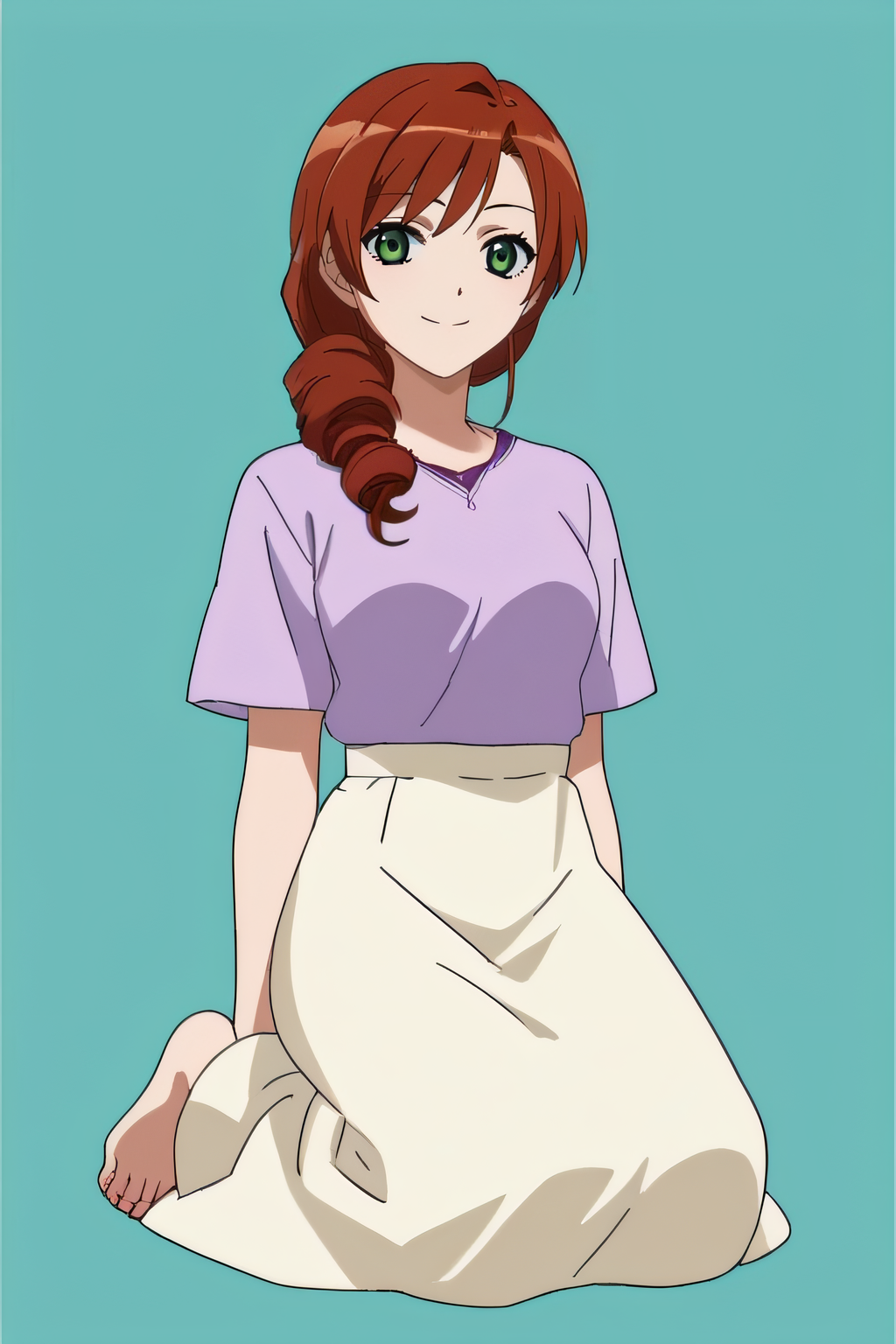 score_9, score_8_up, score_7_up, source_anime, rating_safe, intricate details, anime screencap, official style, anime coloring, solo, 1girl, <lora:Sarah_Damon:1>, sarah, cherry auburn hair, green eyes, drill hair, hair over shoulder, lavender shirt, white skirt, long skirt, barefeet, looking at viewer, kneeling, smile, simple background, full body