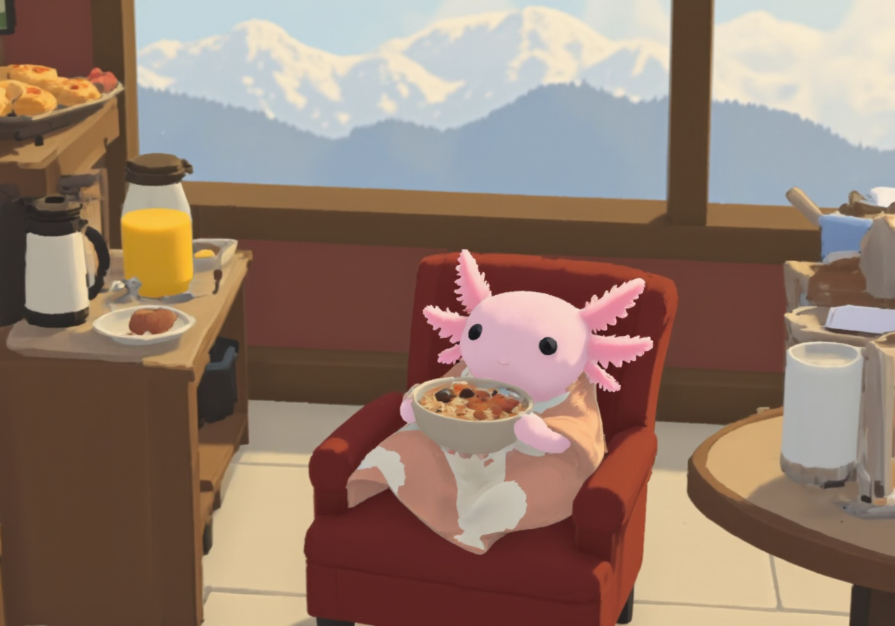 overhead perspective g00se art with smooth textureless style with muted pastel palette of, close-up of a pink axolotl wrapped in a tiny blanket, seated in a hotel breakfast lounge with a view of snow-covered mountains; it holds a small, warm bowl of oatmeal topped with fruit and nuts, and its round black eyes are calm and content, with frilly gills tucked in cozily; soft, golden morning light illuminates the buffet area with coffee carafes, juice dispensers, and trays of pastries in the background, all softly blurred by the tilt-shift effect, creating a warm, inviting winter morning scene<lora:g00se.safetensors:1.0:1.0> <lora:Axomodel_Flux_V2.safetensors:1:1>
