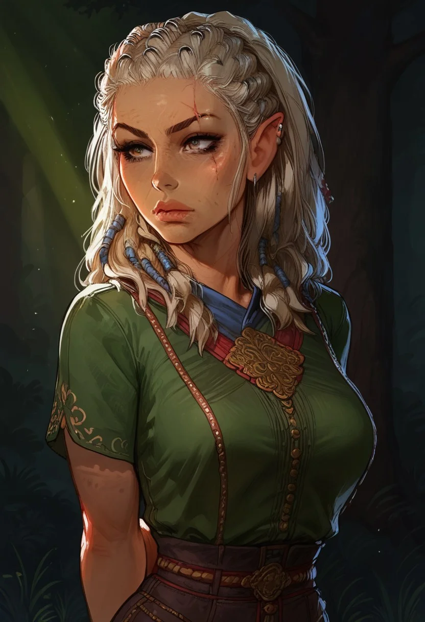 standing pose, legs, (hands behind back:1.4), (blue shirt neckline:1.4) BREAK (solo:1.5), (jaheira:1.2), (pretty:1.2), (blonde), (braided hair), (hazel eyes:1.3), (old face:1.1), (freckles and age spots:1.1), (freckles and age spots), (scratch scar on face), (brown leather laced pants), (green top:1.5), (greying hair), (mature aging face:1.2), (60 years old:1.1), (pretty and old:1.1), (blonde and grey hair),
BREAK
(sunny grove:1.2), (open forest grove:1.2), (trees, grass, sky:1.1), (sunrays:1.3),