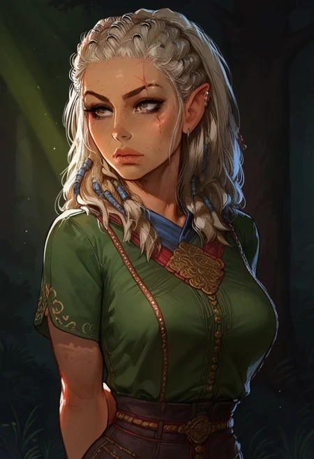 standing pose, legs, (hands behind back:1.4), (blue shirt neckline:1.4) BREAK (solo:1.5), (jaheira:1.2), (pretty:1.2), (blonde), (braided hair), (hazel eyes:1.3), (old face:1.1), (freckles and age spots:1.1), (freckles and age spots), (scratch scar on face), (brown leather laced pants), (green top:1.5), (greying hair), (mature aging face:1.2), (60 years old:1.1), (pretty and old:1.1), (blonde and grey hair),
BREAK
(sunny grove:1.2), (open forest grove:1.2), (trees, grass, sky:1.1), (sunrays:1.3),