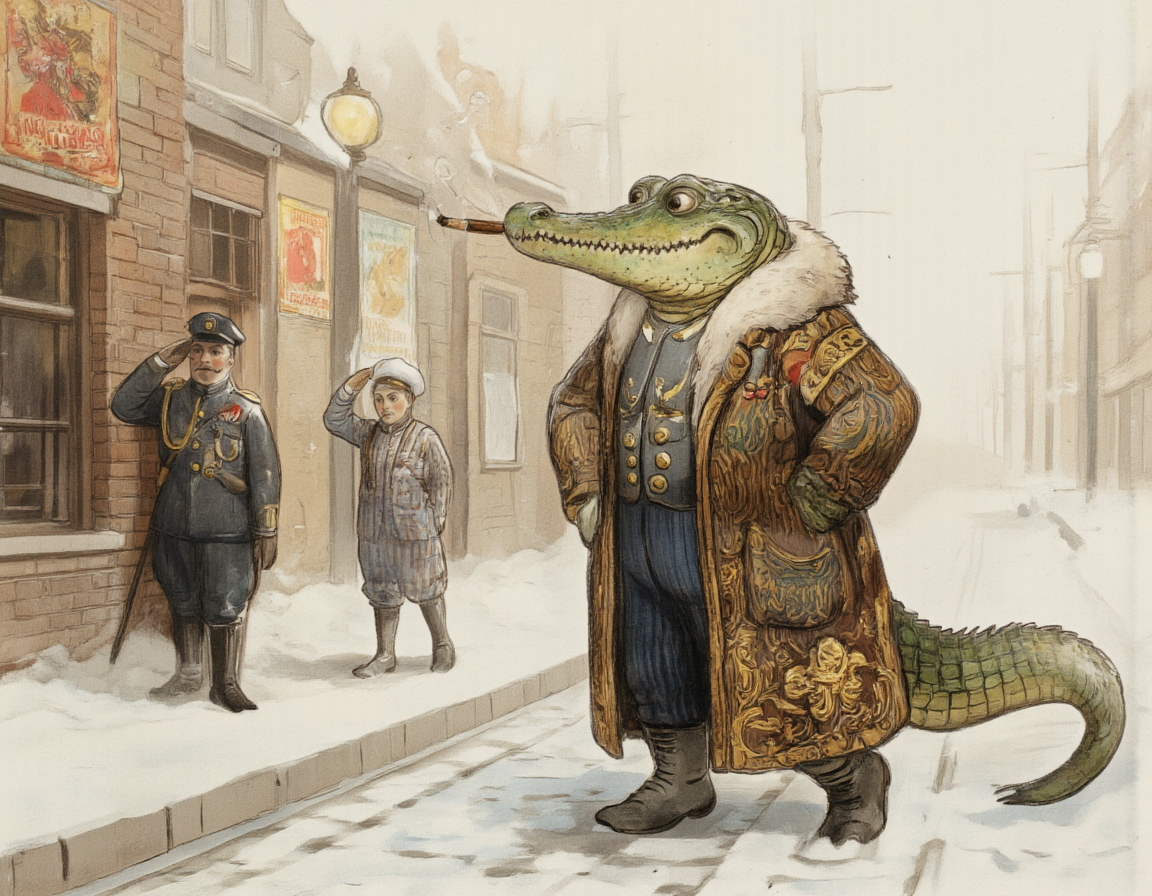 <lora:SUT_NEW:1>, Digital painting of a smug, anthropomorphic crocodile dressed in an opulent fur coat with intricate embroidery and golden trim, strutting confidently down a snow-covered street in revolutionary Petrograd. His scales gleam under the pale winter light as he puffs on a thick cigar, a thin spiral of smoke curling upward. A tsarist policeman (gorodovoy) in a dark blue uniform with shiny buttons and a bushy mustache stands stiffly at attention, saluting with nervous deference. Beside him, a rough revolutionary sailor in a striped shirt and tattered cap snaps a half-mocking, half-impressed salute, his eyes wide with amusement., The scene is richly detailed yet cleanly stylizedâno shadows, no extra limbs, and crisp, vibrant colors. The cobblestone street is dusted with snow, faint tram tracks visible beneath, while vintage lampposts cast a soft glow. In the background, faded propaganda posters (e.g., 'ÐÐ¾Ð»Ð¾Ð¹ ÑÐ°ÑÑ!') peel off brick walls, and distant silhouettes of 1917 Petrograd buildings complete the setting. The atmosphere is playful and slightly absurd, blending historical satire with classic childrenâs book charm. The crocodileâs smug grin, the policemanâs uneasy posture, and the sailorâs rebellious smirk are all exaggerated for comedic effect, keeping the composition lively and engaging