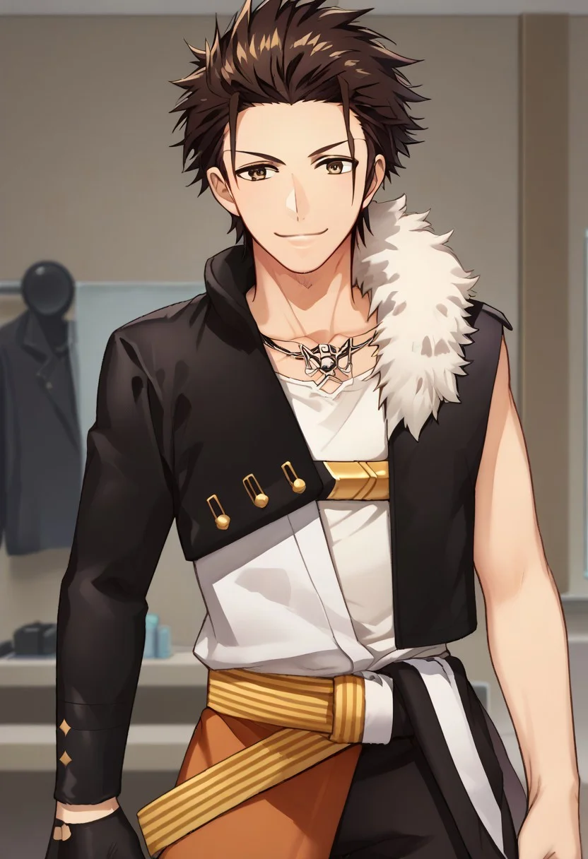 score_9, score_7_up, source_anime
rindo, 1boy, male focus, solo, brown eyes, brown hair, spiked hair, shirt, white shirt, jacket, black jacket, single sleeve, fur trim, pants, black pants, jewelry, necklace, single glove, black glove, smile
indoor,