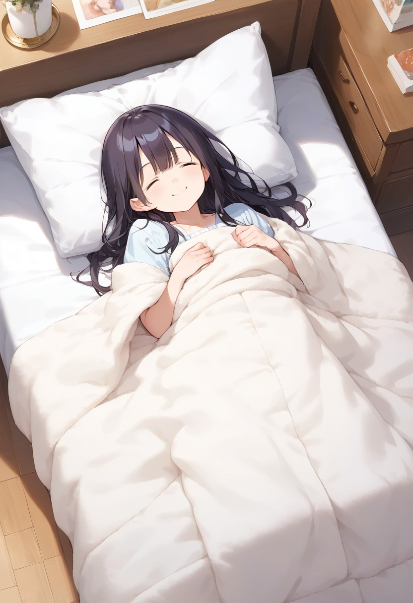 score_9, score_8_up, score_7_up, rating_safe, masterpiece, best quality, absurdres, unity 8k wallpaper, official art, official style, source_anime, uncensored, game cg, megami magazine, ultra delicate hair,
1girl, chibi, solo, black hair, long hair, happy, smile, :3,
futon, pillow, closed eyes, bed, sleeping, lying, under covers, blanket,
 <lora:kakefuton_pony_V1:1>