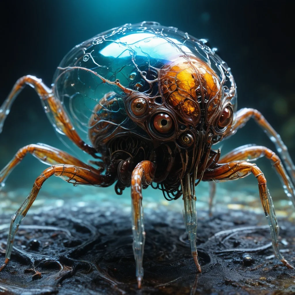 bioengineered spider creature, many legs, spindly legs, lots of eyes, (transparency:1.4), (detailed cybernetic implants fused with organic matter), full body, (with intensely vibrant swirling colors:1.3), realistic photo,  artialien