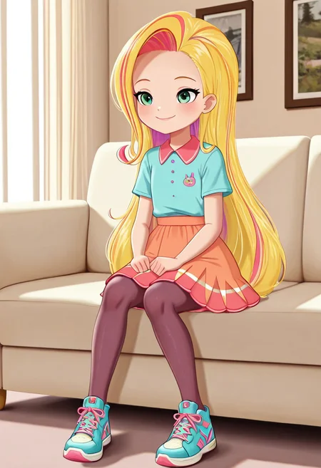 masterpiece, best quality, solo, su_sd, 1girl, long hair, blonde hair, multicolored hair, streaked hair, green eyes, shirt, skirt, pantyhose, sneakers, smile, indoors, sitting, sofa, fullbody, natural lighting,