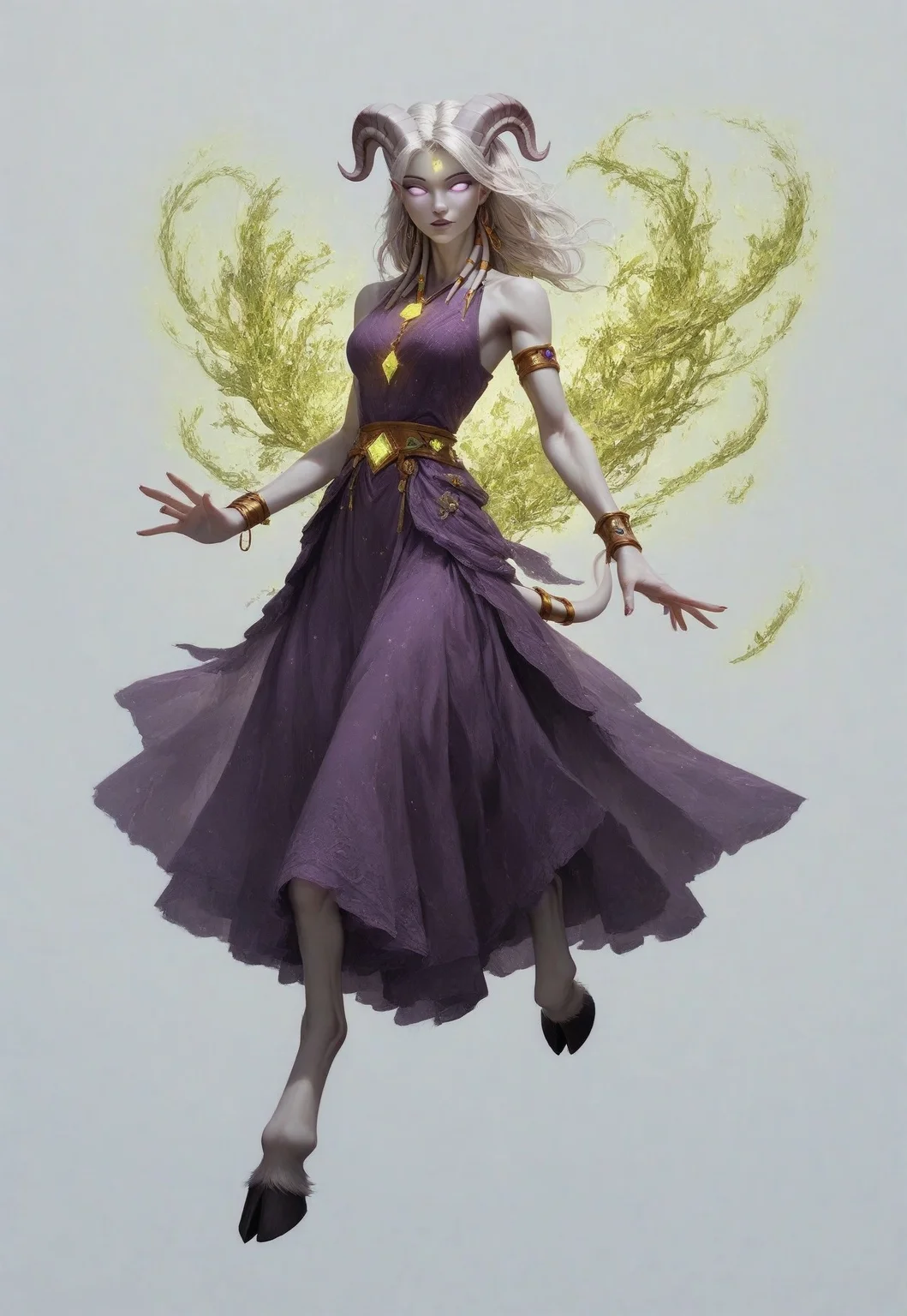 (absurdres, highres, best quality, masterpiece:1.4),
score_9, score_8_up, score_7_up, score_6_up,
detailed,
detailed body,
detailed face,
(culDraenei,
female,
purple eyes,
no sclera,
no pupils,
athletic,
tall,
slim,
pale skin,
grey skin,
long ears),
loose long purple dress,
yellow pendant,
sleeveless,
magical spell, green aura,
cheerful,
(((full body))),
posing,
floating,
(((white background, plain background))),
(((no objects in background)))