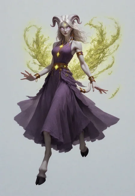 (absurdres, highres, best quality, masterpiece:1.4), 
score_9, score_8_up, score_7_up, score_6_up, 
detailed, 
detailed body, 
detailed face, 

(culDraenei, 
female, 
purple eyes, 
no sclera, 
no pupils, 
athletic, 
tall, 
slim, 
pale skin,
grey skin, 
long ears),

loose long purple dress,  
yellow pendant, 
sleeveless, 
magical spell, green aura, 

cheerful, 
(((full body))), 
posing, 
floating, 

(((white background, plain background))), 
(((no objects in background)))