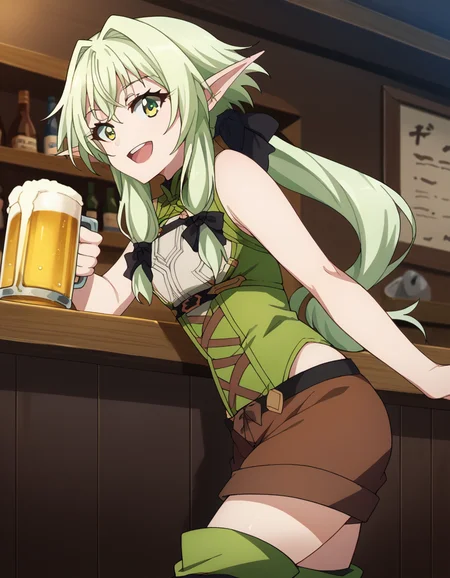 score_9, score_8_up, score_7_up, source_anime,
highelfarcher, <lora:high-elf-archer-s2-ponyxl-lora-nochekaiser:1>
high elf archer, long hair, green eyes, bow, hair bow, black bow, sidelocks, green hair, pointy ears, elf,
thighhighs, boots, shorts, sleeveless, bare arms, thigh boots, brown footwear, brown shorts,
indoors, bar, beer, mug, drinking, open mouth, smile,
looking at viewer, cowboy shot, dutch angle,