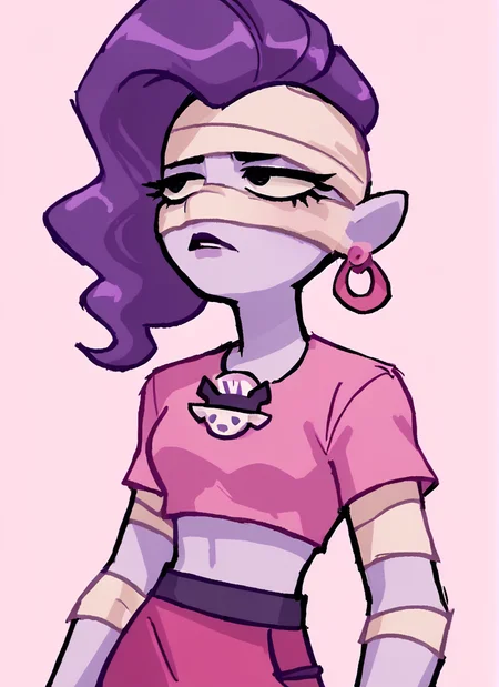 score_9, score_8_up, score_7_up,   <lora:bsemz:1>bsemz , 1 girl , purple skin , bandages ,Earrings , purple hair, skirt  ,cropped shirt , pink shirt  , <lora:SyrupyyyArt:1>syrupyyy