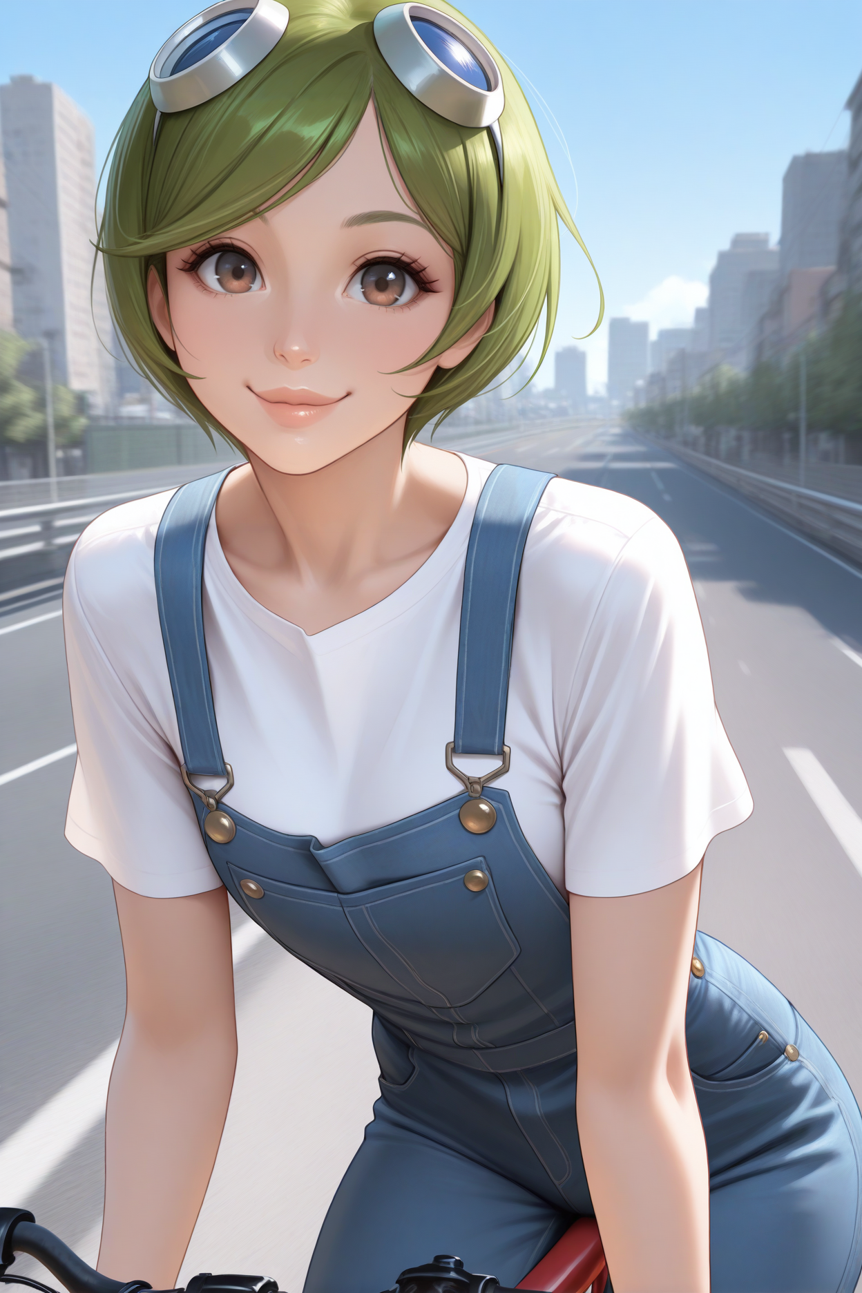 masterpiece, best quality, 1girl, solo <lora:kunamashiro-illu-nvwls-v1:1> knmshir, green hair, short hair, brown eyes, lips, blue goggles on head, white shirt, short sleeves, denim, blue overalls, riding bicycle, looking at viewer, smile, blue sky, road, cityscape